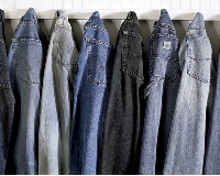 The many different denim washes produce the variety of hues of blue jeans