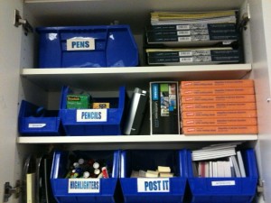 labeled office supply bins