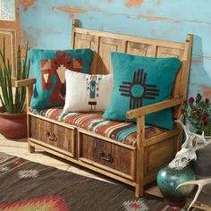 southwestern pillows on bench