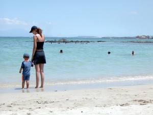 mom and child on beach