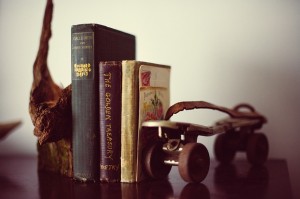 old roller skate on bookshelf