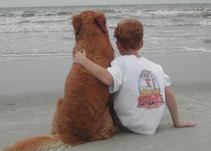 boy and dog on beach