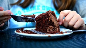 eating chocolate cake