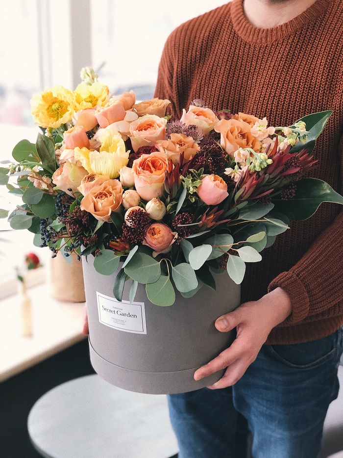 flowers in a gift basket