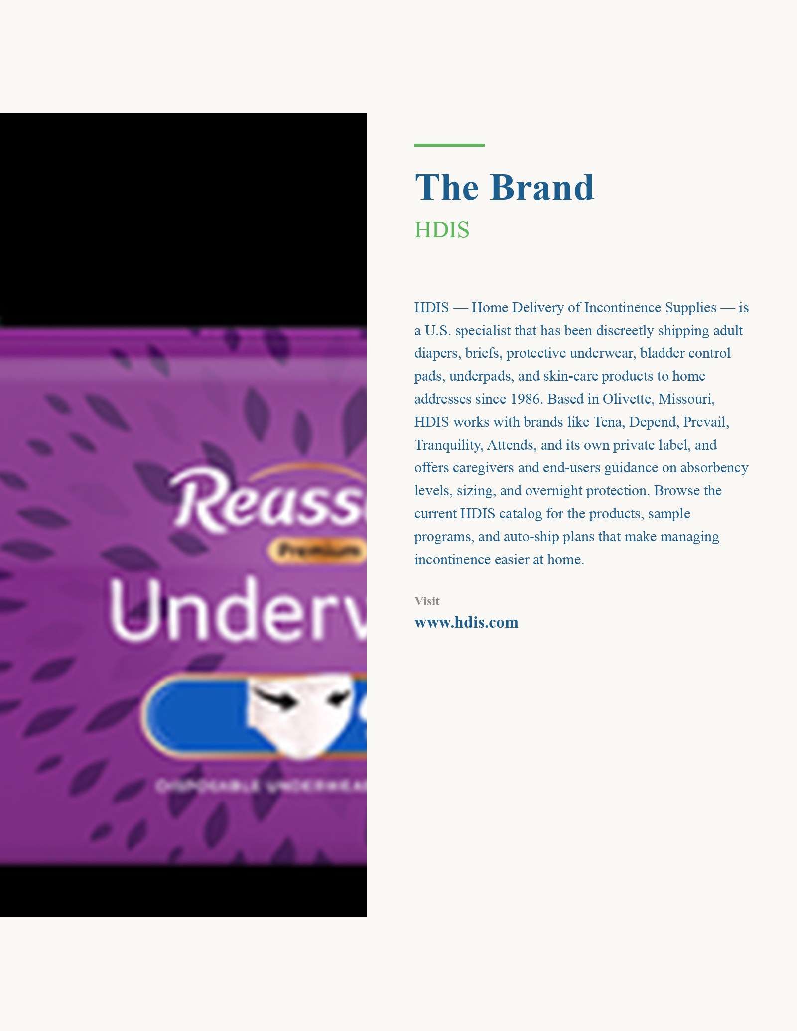 This catalog page features a brand profile for HDIS (Home Delivery of Incontinence Supplies). It highlights the company's history as a U.S.-based specialist since 1986, focusing on discreet home delivery of adult care products like diapers, protective underwear, and bladder control pads. The layout includes a large, blurred close-up image of 'Reassure' brand packaging on the left and a clean, text-heavy informational section on the right. The brand emphasizes its role in supporting caregivers and users with guidance on sizing and absorbency, featuring well-known brands alongside their private label offerings.