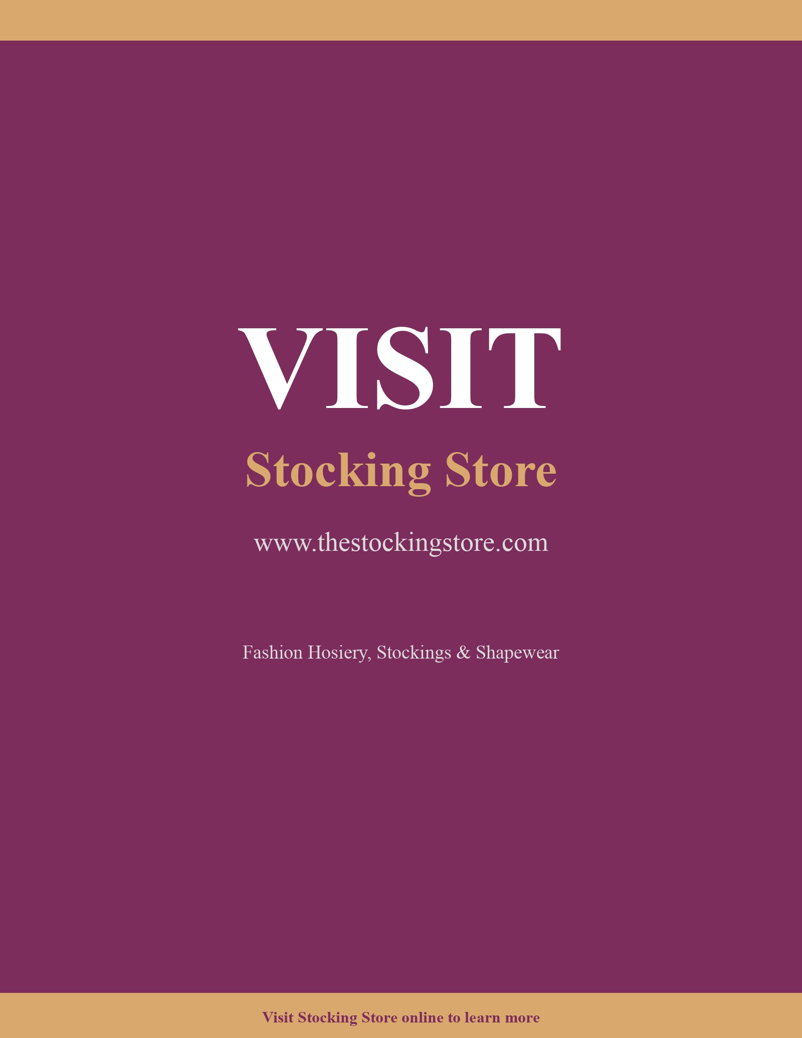This is a promotional landing page or back cover for the Stocking Store. The design is minimalist, featuring a deep plum or burgundy background with gold and white typography. It serves as a directory page, highlighting the brand's core offerings in fashion hosiery, stockings, and shapewear. The layout is clean and centered, focusing entirely on directing the reader to their digital storefront for further shopping and product information.