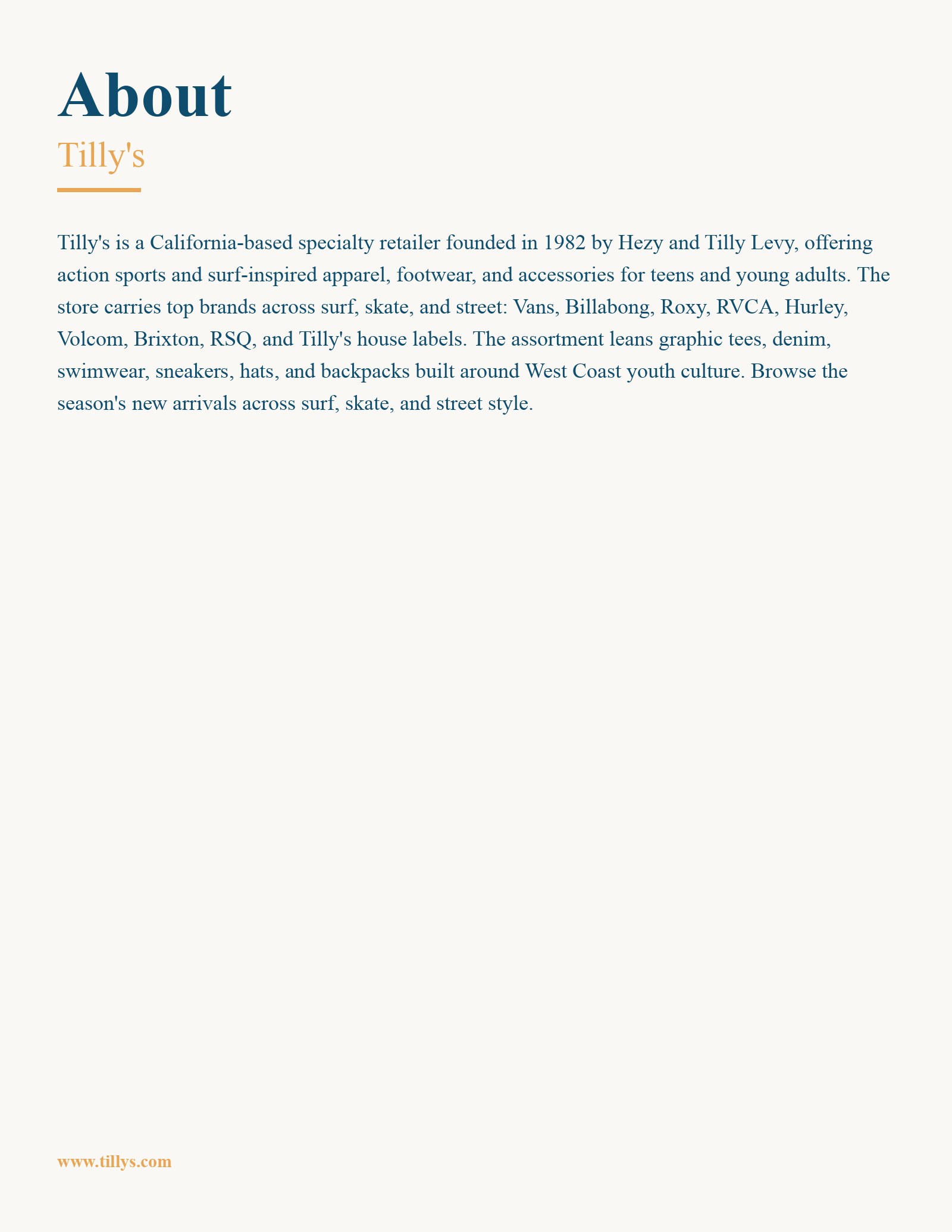 This introductory page provides a corporate overview of Tilly's, a specialty retail chain rooted in California's action sports culture. Established in the early 1980s, the brand focuses on apparel, footwear, and gear for teenagers and young adults. The text highlights their curated selection of popular surf and skate brands alongside their own private labels. The aesthetic of the page is minimalist and clean, emphasizing the company's heritage in West Coast youth lifestyle through categories like graphic tees, denim, and swimwear.
